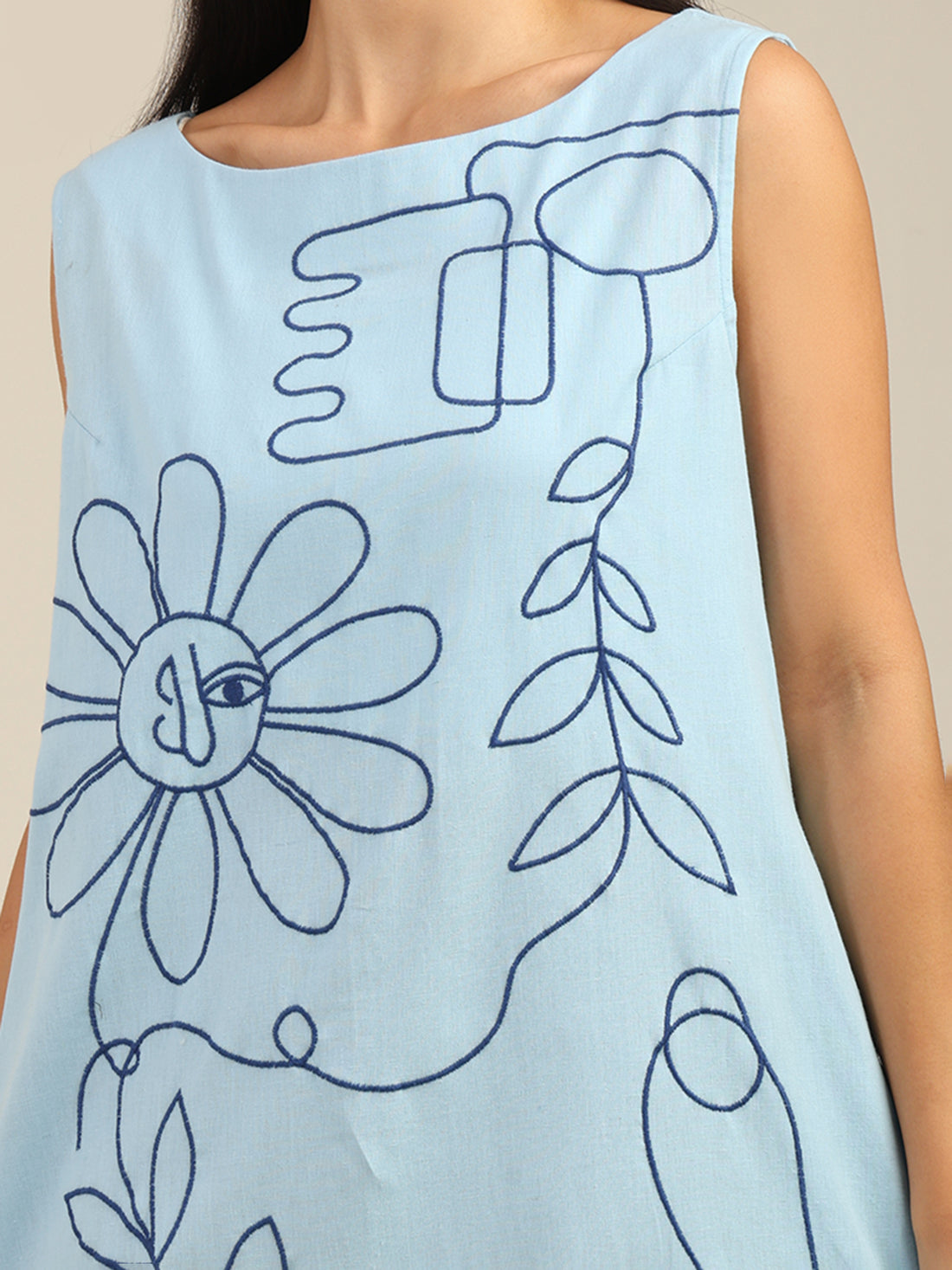 Pastel Blue Contrast Abstract Embroidered Cotton Dress