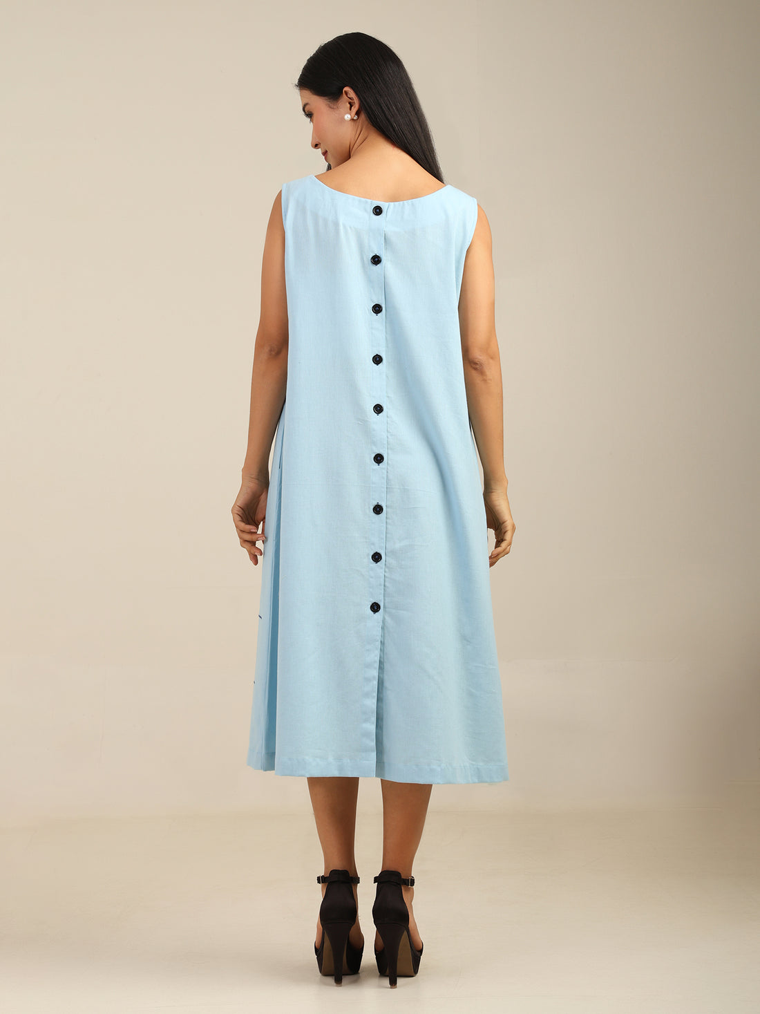 Pastel Blue Contrast Abstract Embroidered Cotton Dress