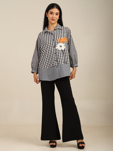 Checkered Front & Back Floral Embroidered Cotton Shirt
