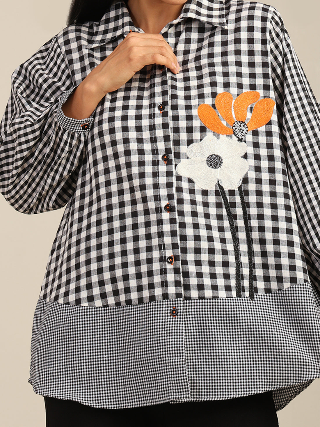Checkered Front & Back Floral Embroidered Cotton Shirt
