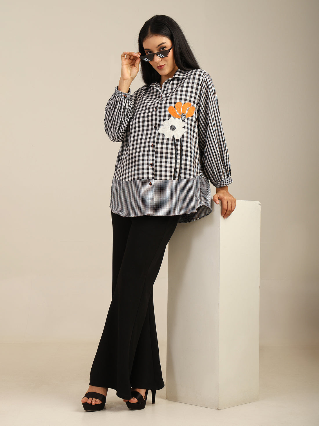 Checkered Front & Back Floral Embroidered Cotton Shirt