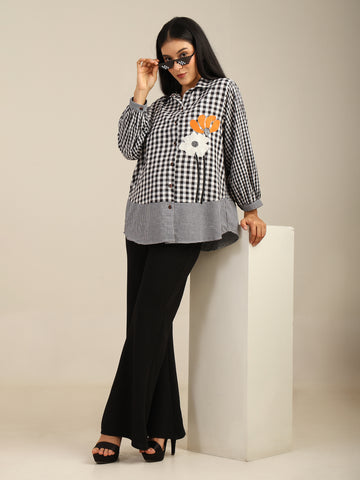 Checkered Front & Back Floral Embroidered Cotton Shirt