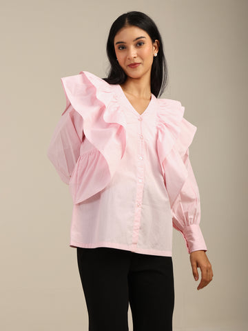 Pink Solid color Frill Neck Cotton Shirt with Puff Long Sleeves