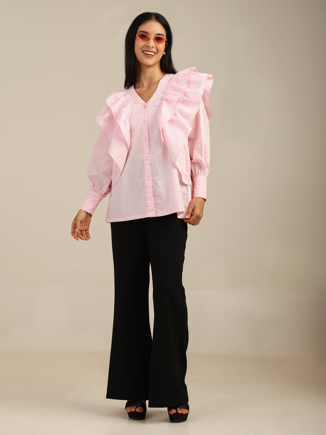 Pink Solid color Frill Neck Cotton Shirt with Puff Long Sleeves