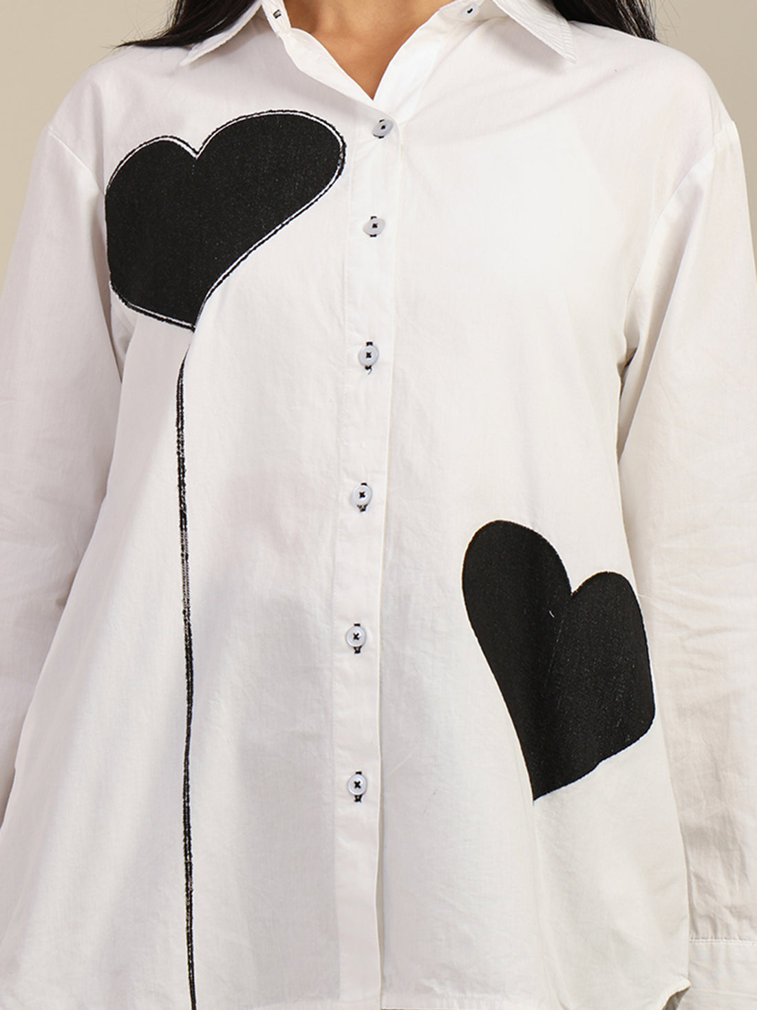 Solid Color Front Embroidered Black Heart Cotton Shirt