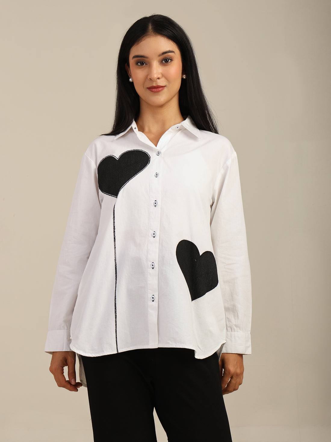 Solid Color Front Embroidered Black Heart Cotton Shirt