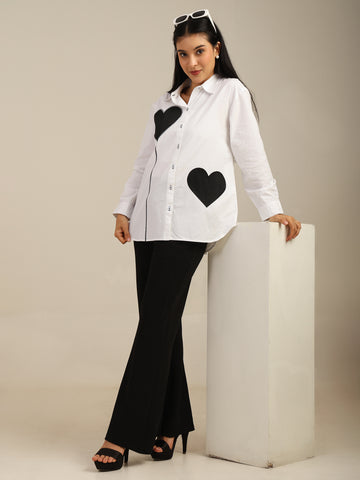 Solid Color Front Embroidered Black Heart Cotton Shirt