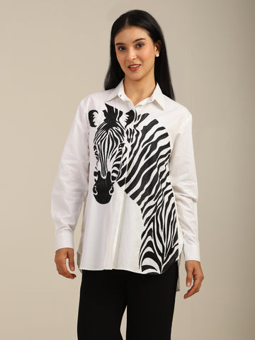 Solid Color Zebra Embroidered Cotton Shirt
