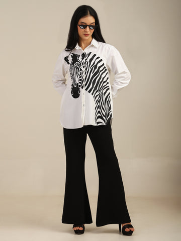 Solid Color Zebra Embroidered Cotton Shirt