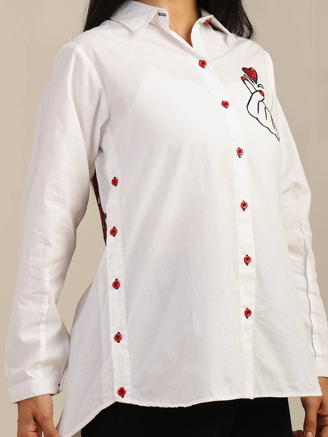 Solid Color Front & Back Butterfly Lady Embroidered Cotton Shirt With Side Buttons