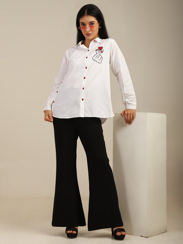 Solid Color Front & Back Butterfly Lady Embroidered Cotton Shirt With Side Buttons