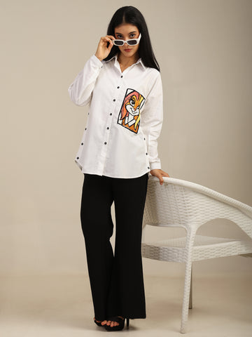 Solid Color Front Bunny Embroidered Cotton Shirt With Side Buttons