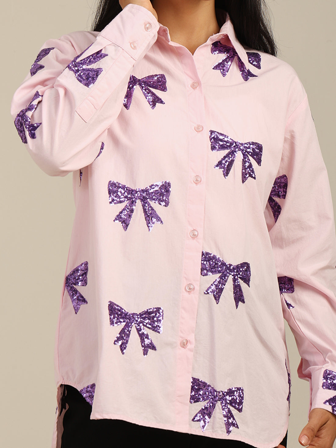 Rosy Pink Sequin Bow Embroidered Cotton Shirt