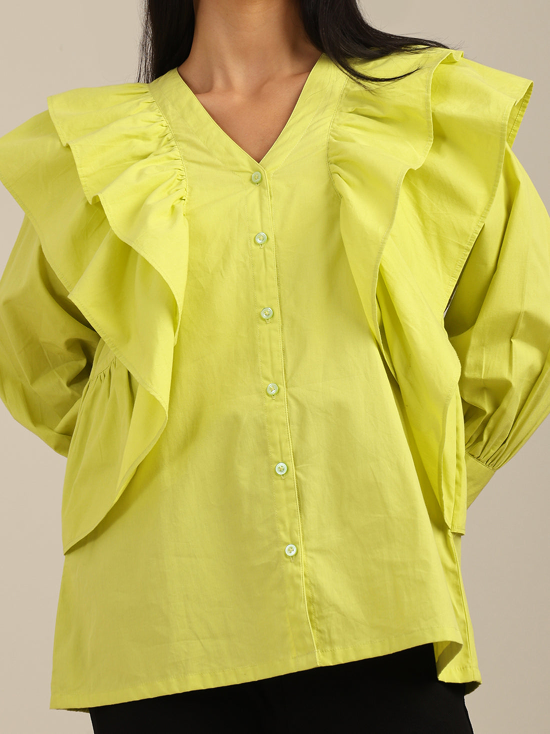 Neon Green Solid color Frill Neck Cotton Shirt with Puff Long Sleeves