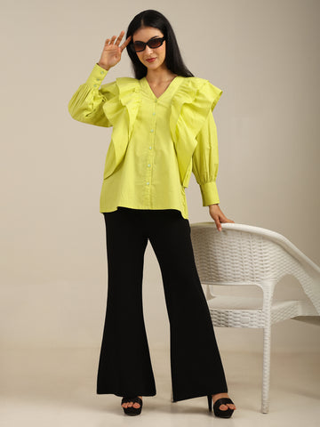 Neon Green Solid color Frill Neck Cotton Shirt with Puff Long Sleeves