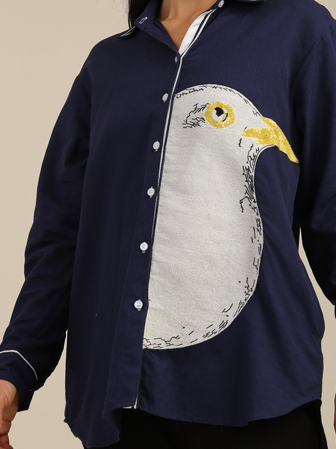 Navy Blue Front Embroidered Cotton shirt with Lace Detailing