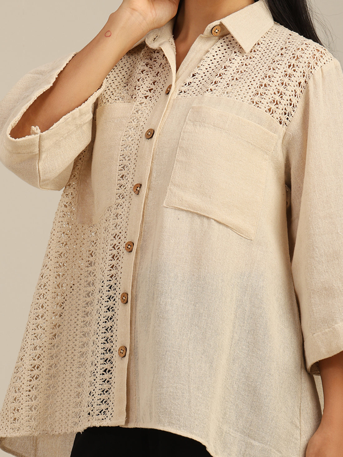 Beige Regular Fit Cotton Shirt with Crochet Panels