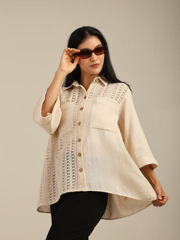 Beige Regular Fit Cotton Shirt with Crochet Panels