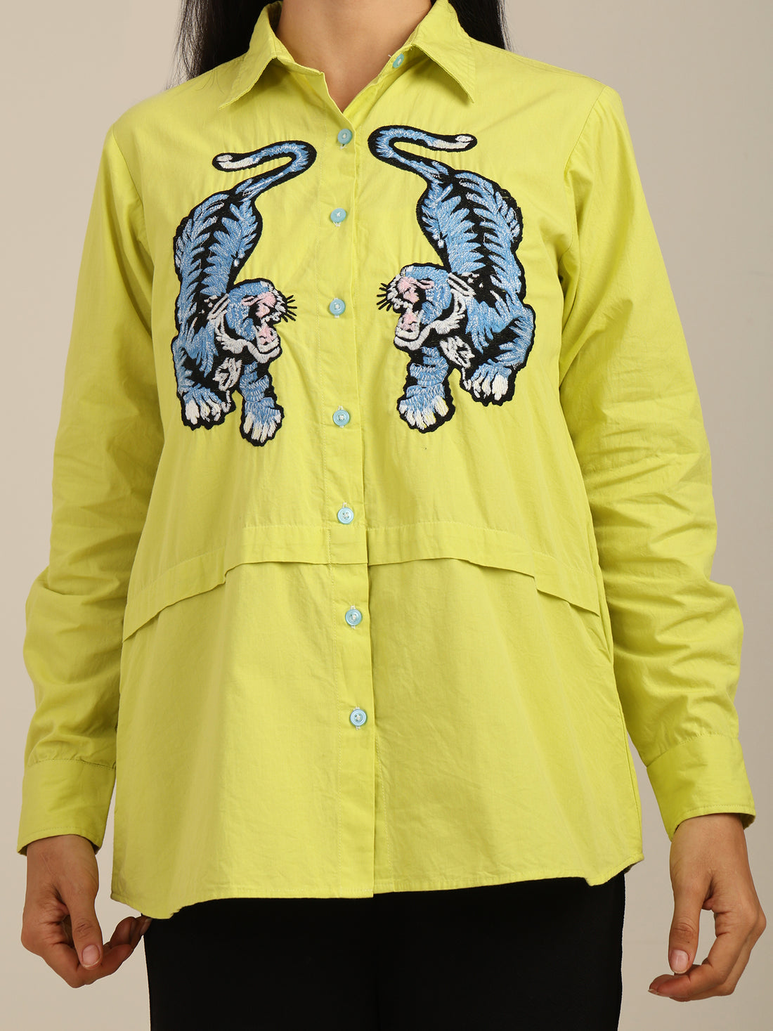 Neon Green Tiger Embroidered Cotton Shirt With Pleats Detailing