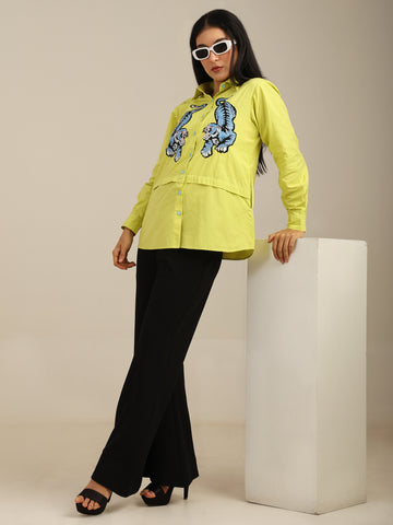 Neon Green Tiger Embroidered Cotton Shirt With Pleats Detailing