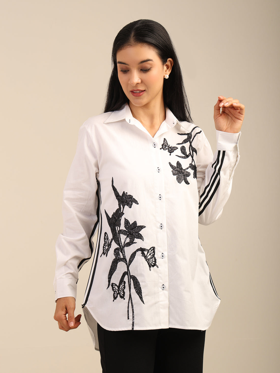Sequin Flower Embroidered Cotton Shirt With Lace Detailing