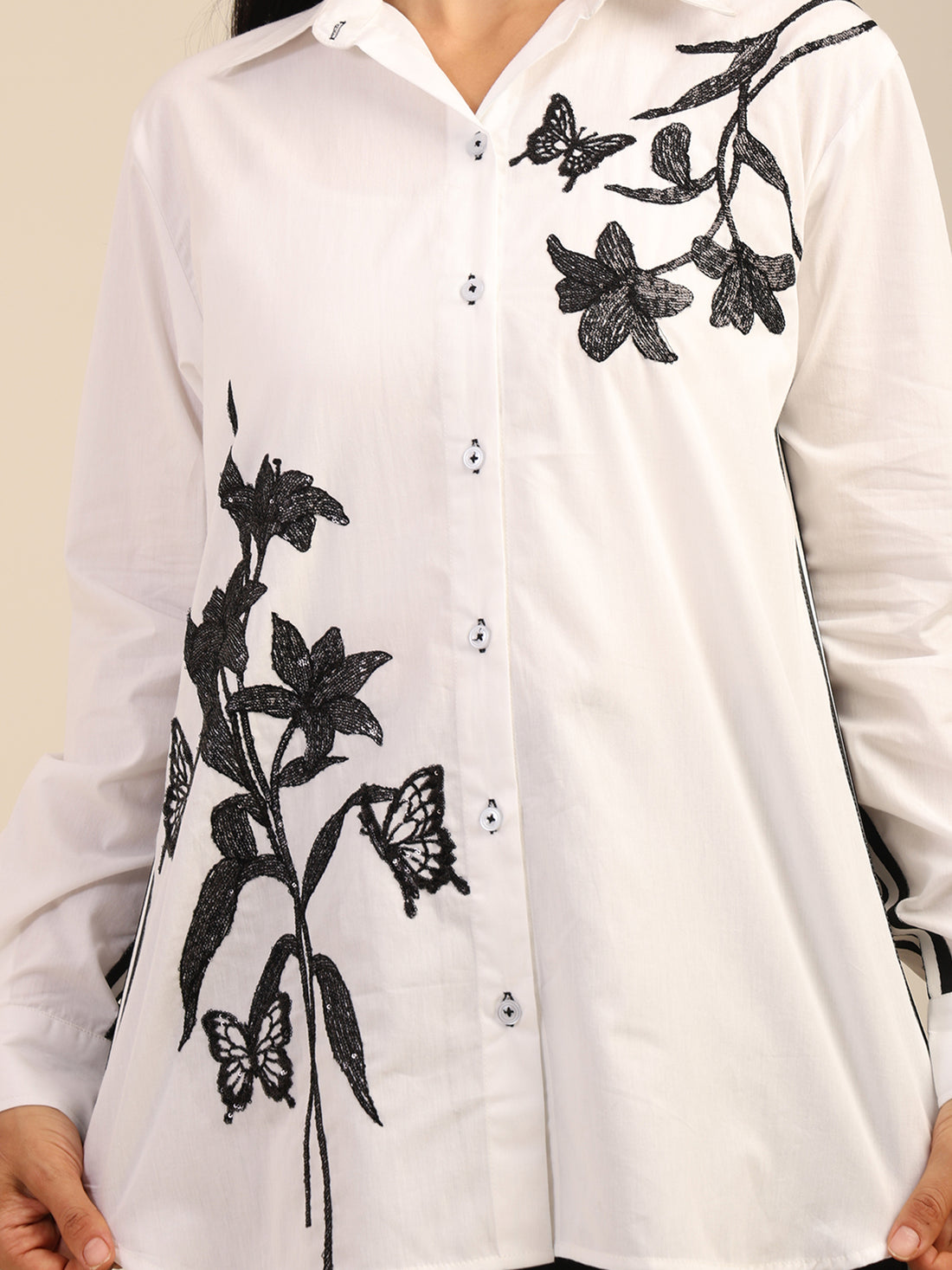 Sequin Flower Embroidered Cotton Shirt With Lace Detailing
