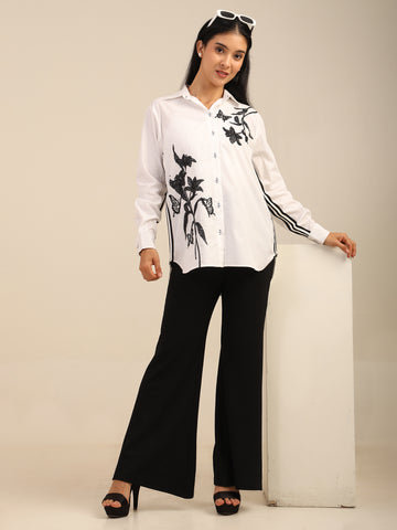 Sequin Flower Embroidered Cotton Shirt With Lace Detailing