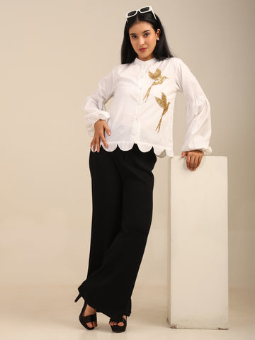 Gold Birds Sequin Embroidered Cotton Shirt with Scalloped Edges