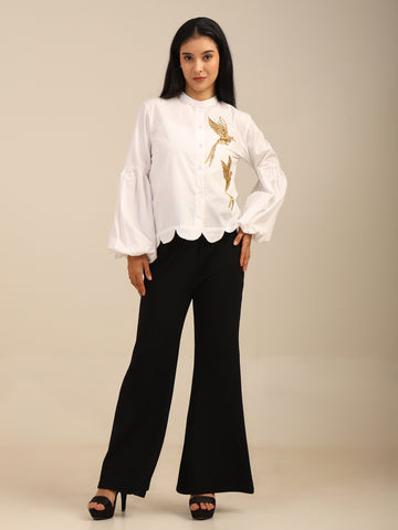 Gold Birds Sequnce Embrodiered Cotton Shirt with Scalloped Edges