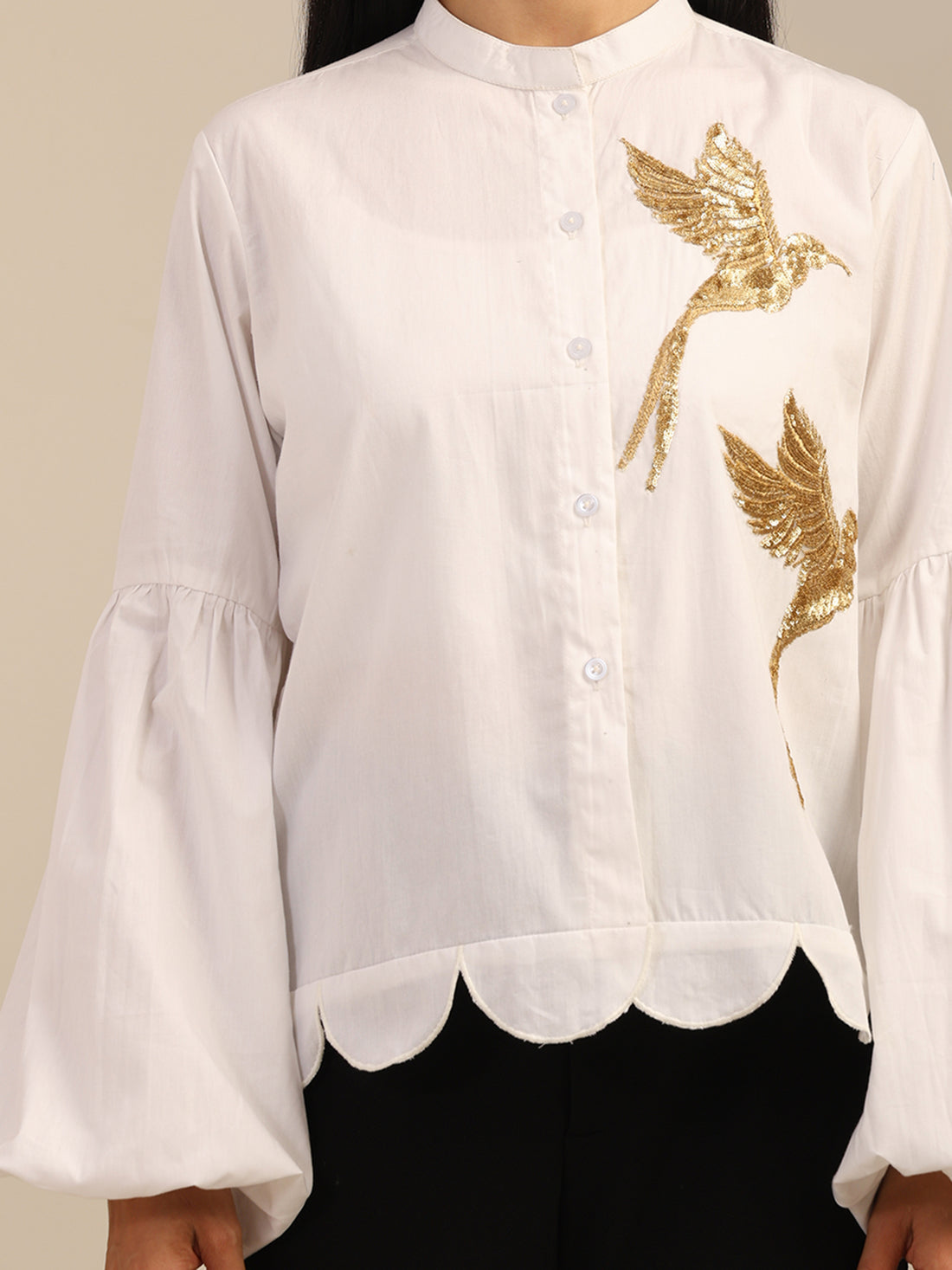 Gold Birds Sequnce Embrodiered Cotton Shirt with Scalloped Edges