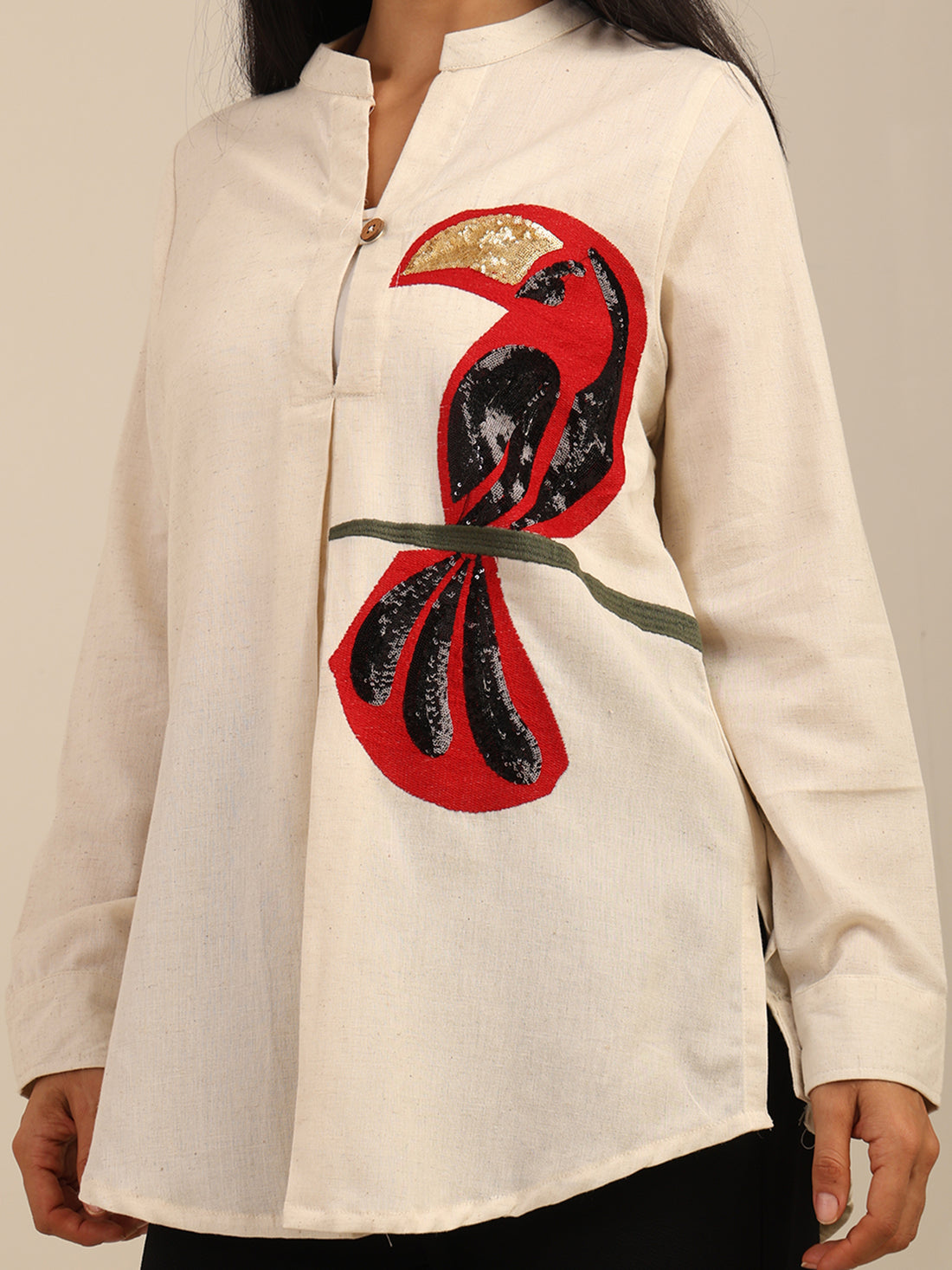 A-Line Beige Tucan Embroidered Cotton Shirt With Pleat