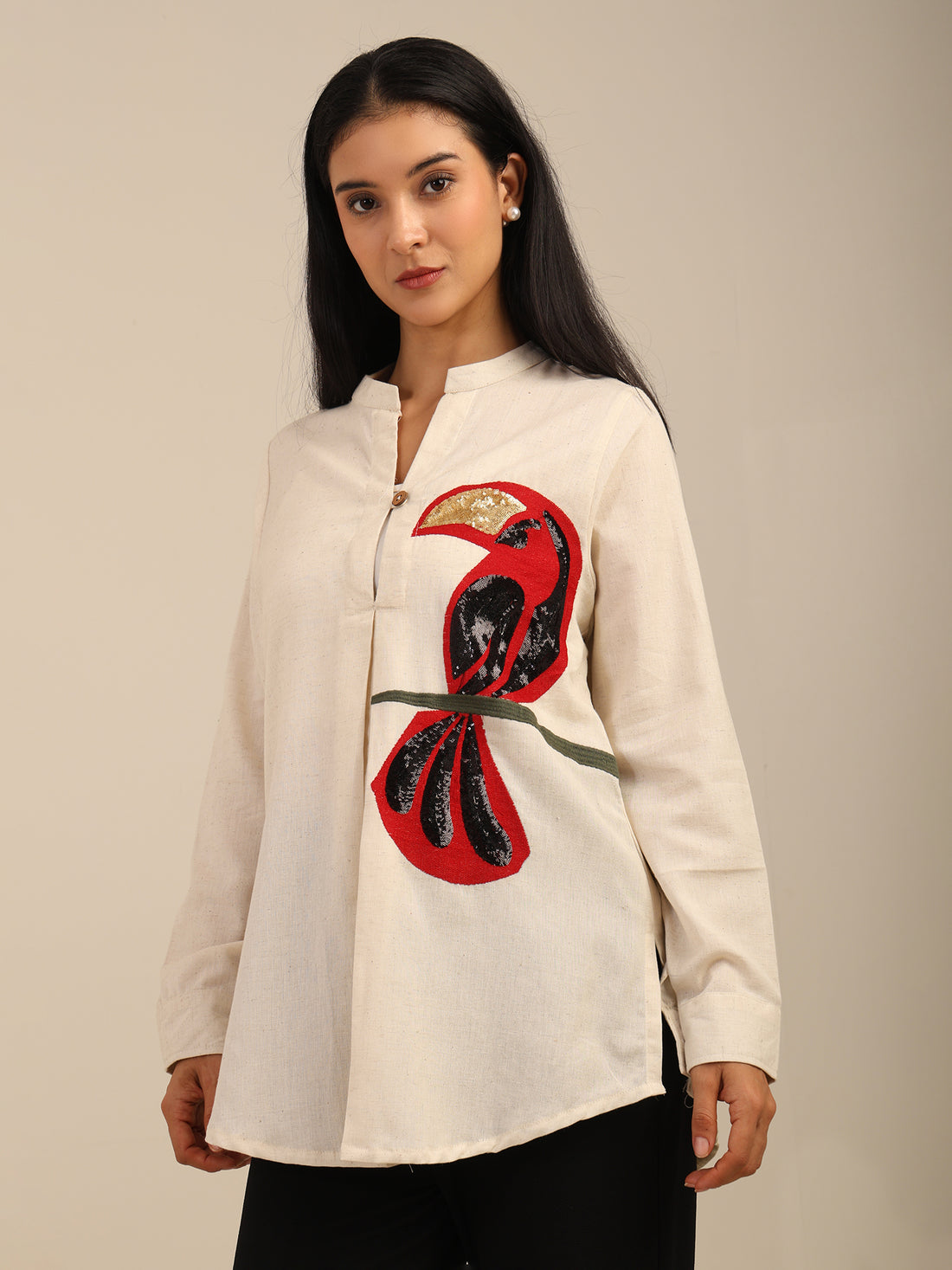 A-Line Beige Tucan Embroidered Cotton Shirt With Pleat