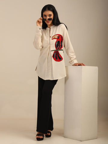 A-Line Beige Tucan Embroidered Cotton Shirt With Pleat