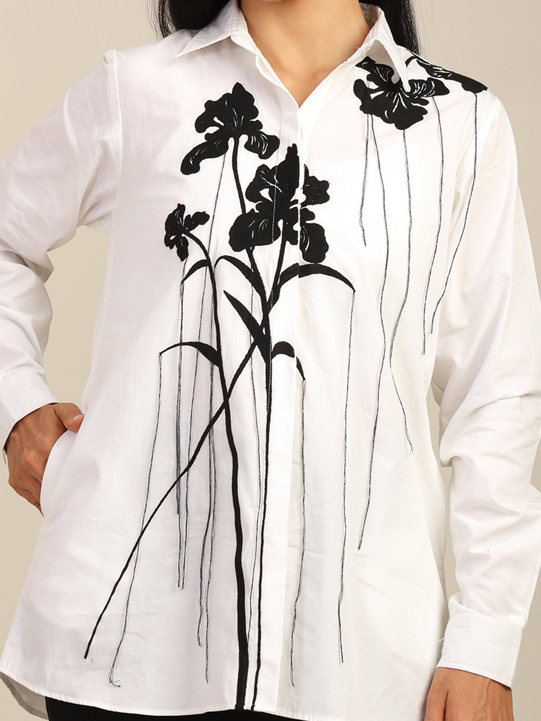 Solid Color Floral Embroidered Cotton Shirt With Hanging Threads