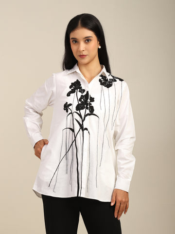 Solid Color Floral Embroidered Cotton Shirt With Hanging Threads