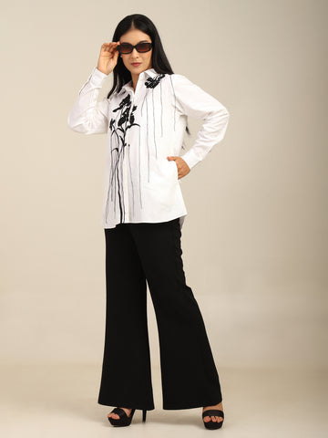 Solid Color Floral Embroidered Cotton Shirt With Hanging Threads
