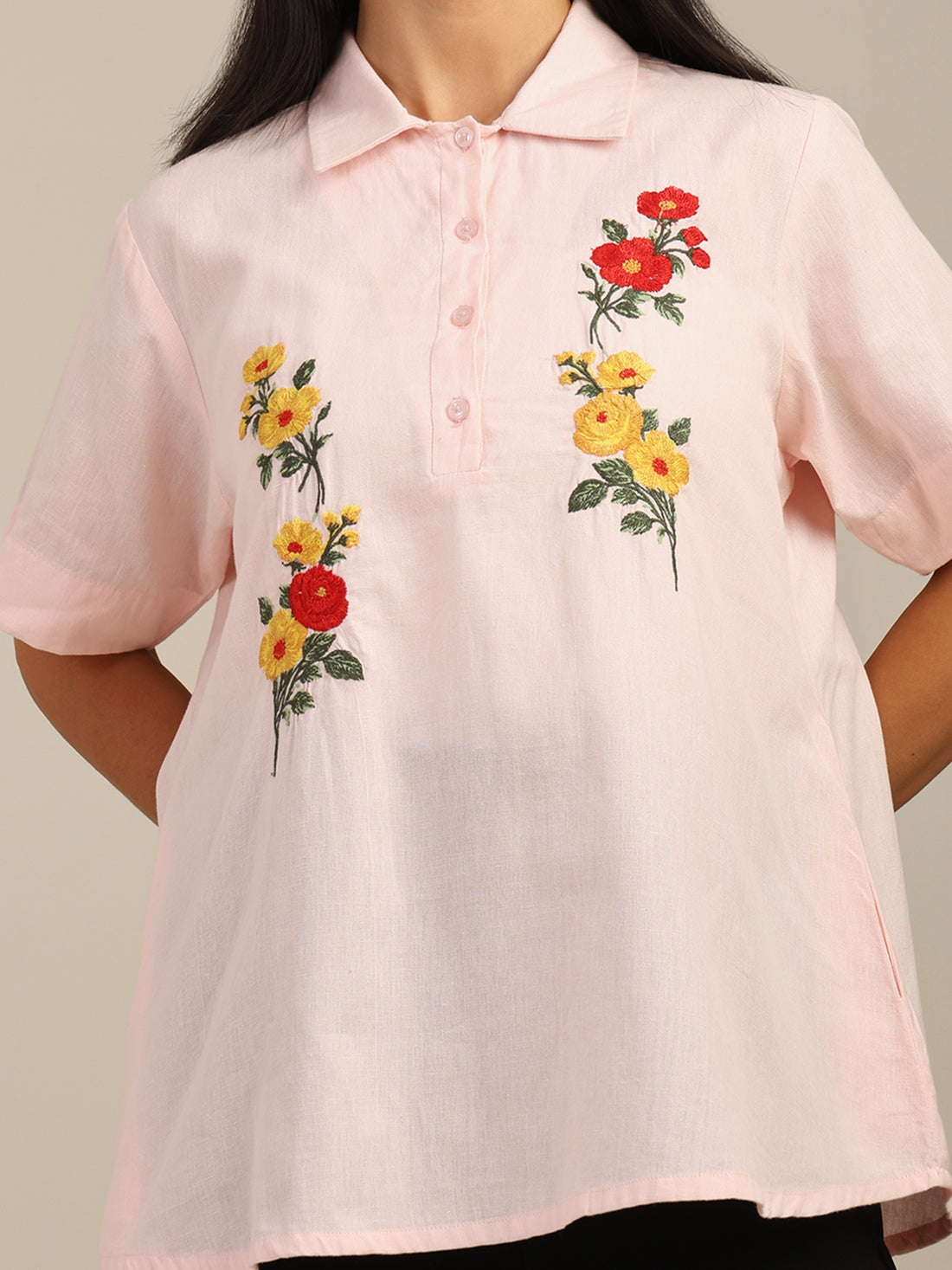 Rosy Pink Rose Embroidered Cotton Shirt