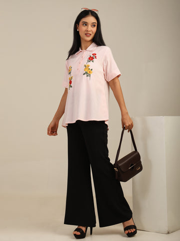 Rosy Pink Rose Embroidered Cotton Shirt