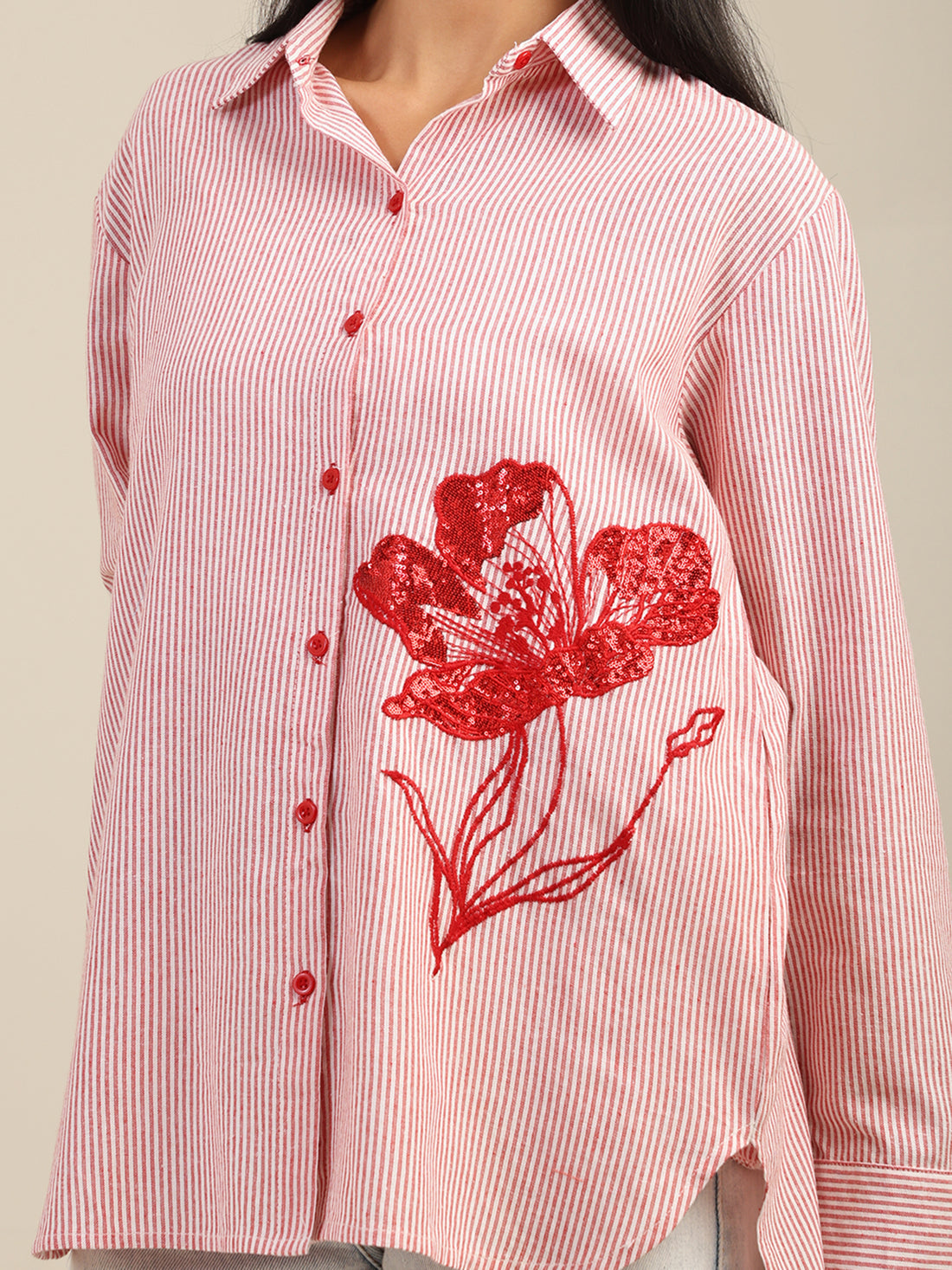Red Stripes Sequin Flower Embroidered Cotton Shirt