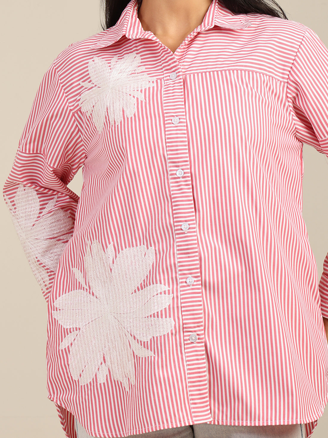 Pink Stripes Thread Flower Embroidered Cotton Shirt