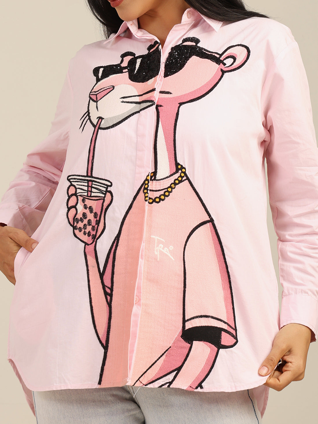 The Pink Panther Anime Embroidered Cotton Shirt