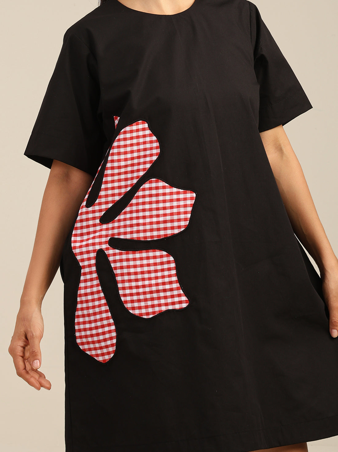 Black Short Dress with Checked Motif
