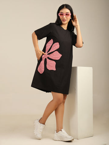 Black Short Dress with Checked Motif