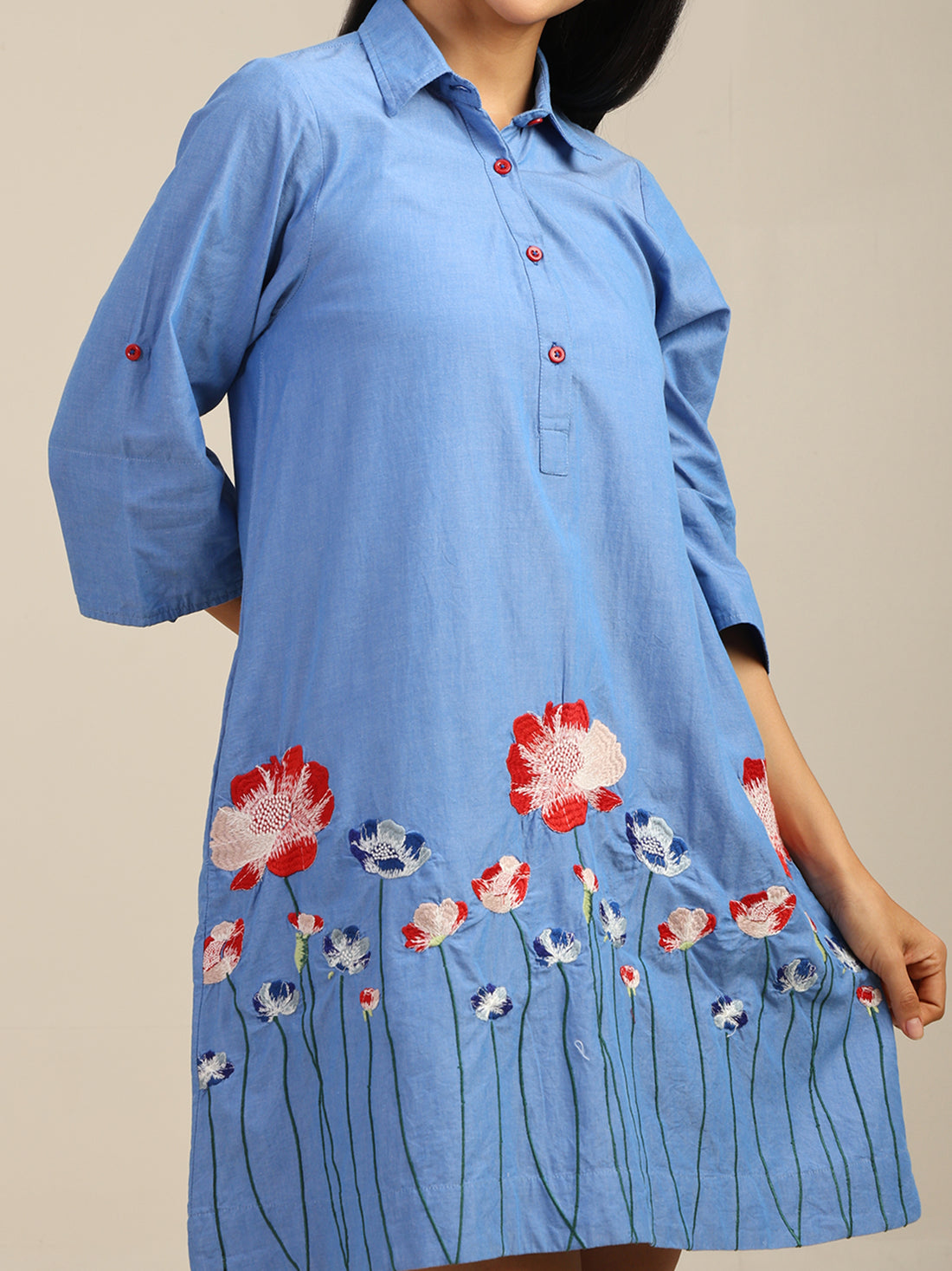 Floral Embroidered Short Chambray Shirt Dress