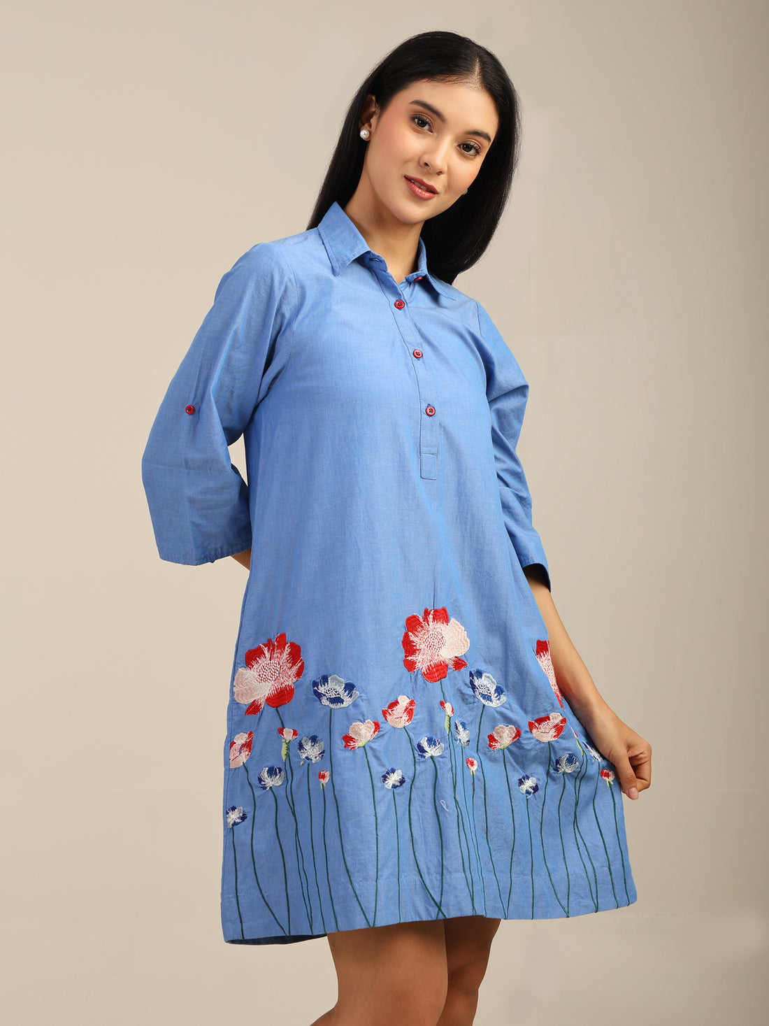 Floral Embroidered Short Chambray Shirt Dress