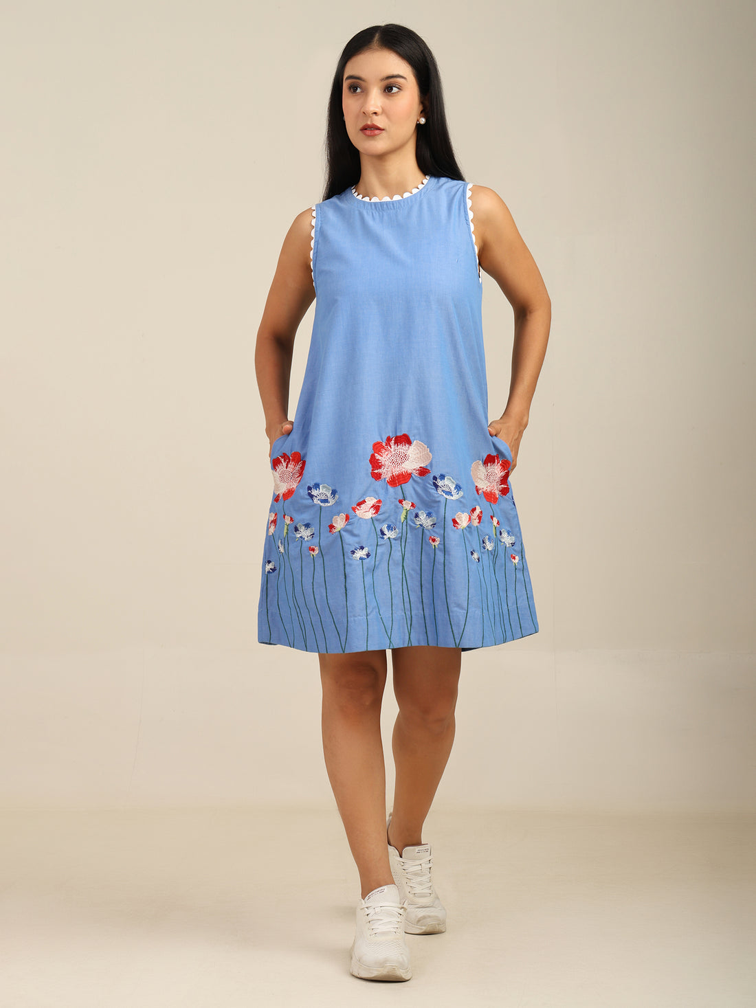 Floral Embroidered Short Chambray Sleeveless Dress With Lace Detailing