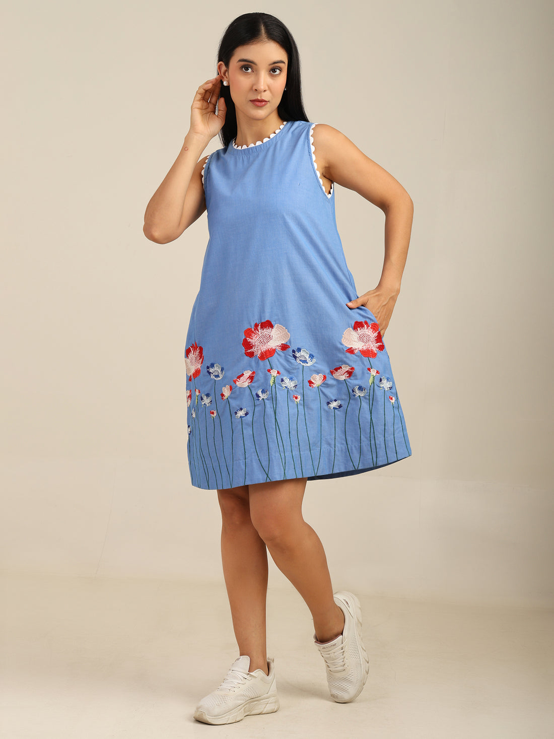 Floral Embroidered Short Chambray Sleeveless Dress With Lace Detailing