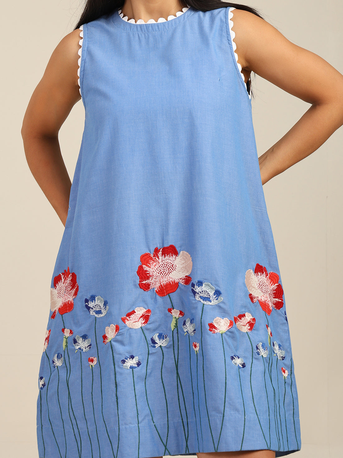 Floral Embroidered Short Chambray Sleeveless Dress With Lace Detailing