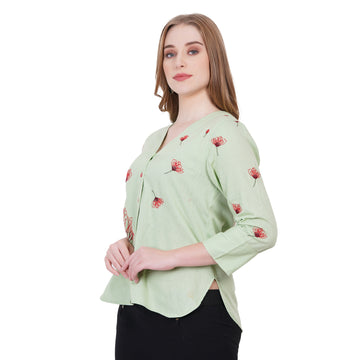 Light Green Floral Embroidered Cotton Top with V-Neckline