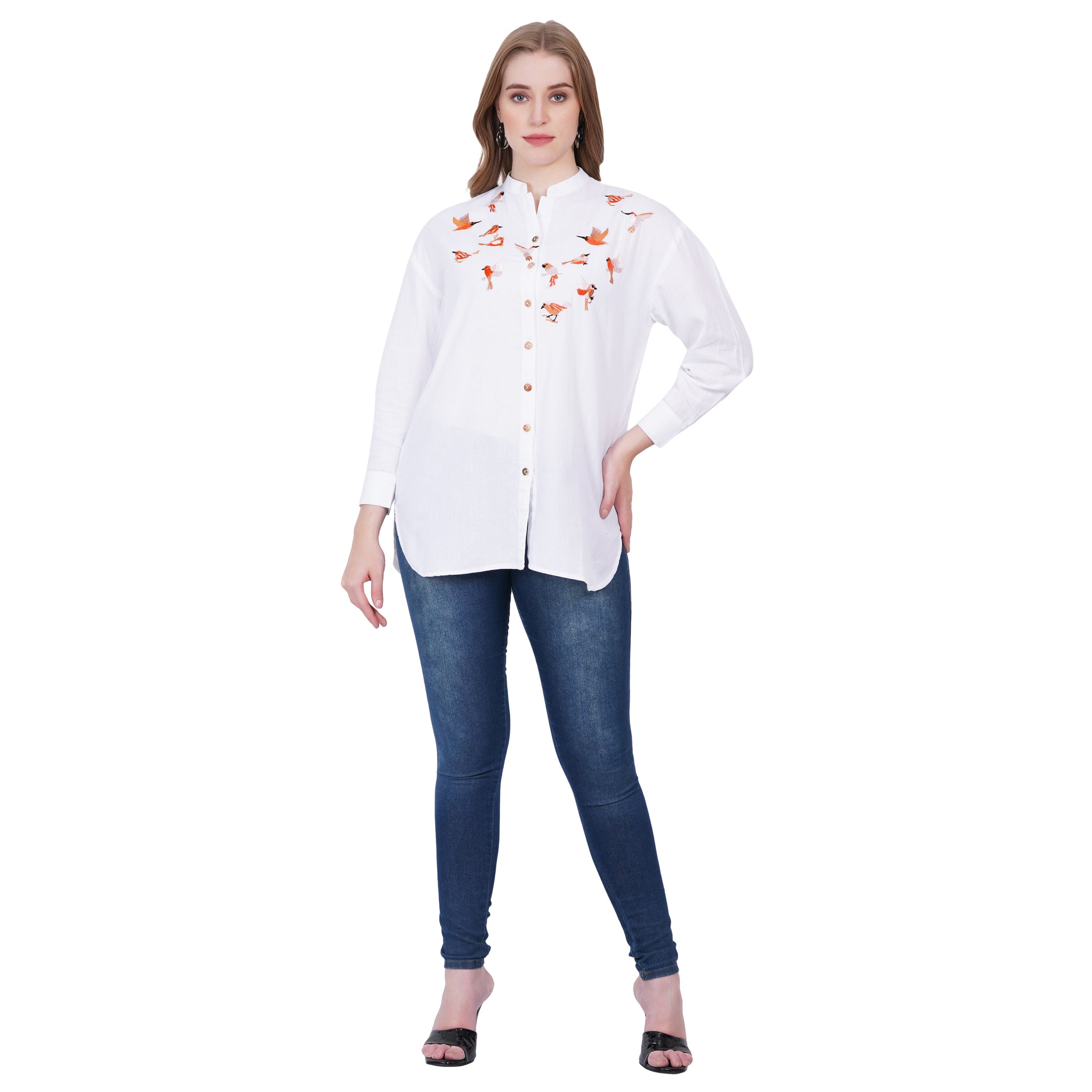 WHITE SHIRT WITH BIRD EMBROIDERY & BAND COLLAR